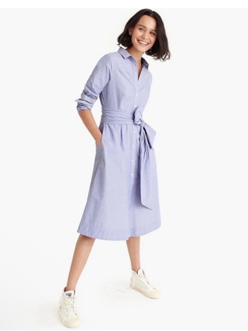 J. Crew Light Blue Button-Front Midi Shirtdress with Tie Waist